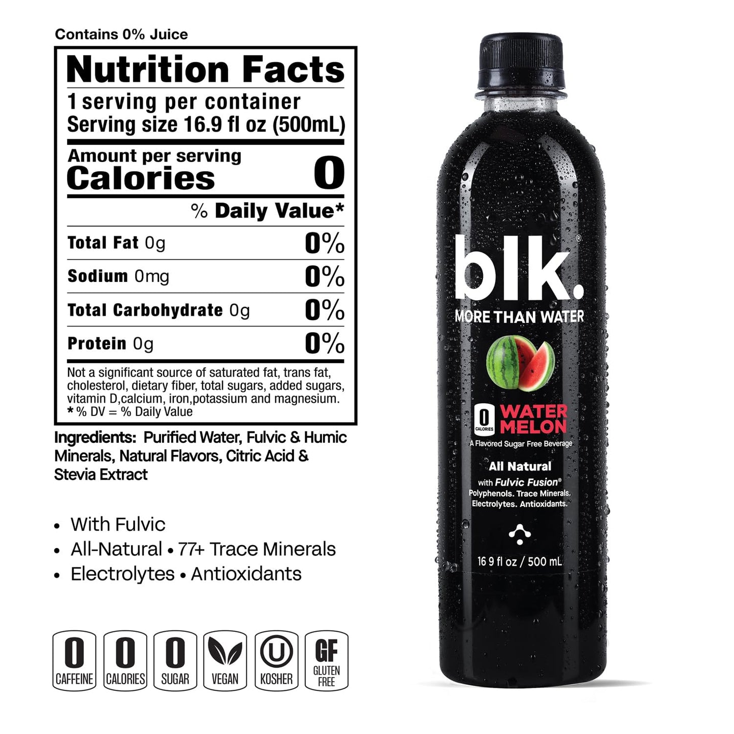 12 Pack of blk. Alkaline Watermelon Water, 500 mL Each, pH 8, Fulvic & Humic Acid, Trace Minerals, Electrolytes for Cell Hydration & Repair