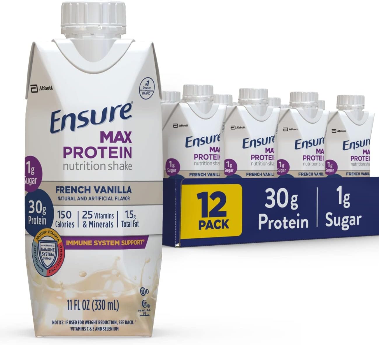 12-Pack of Ensure Max Protein Nutrition Shakes - Creamy Strawberry Flavor, 30g Protein, 1g Sugar, High Protein Shake