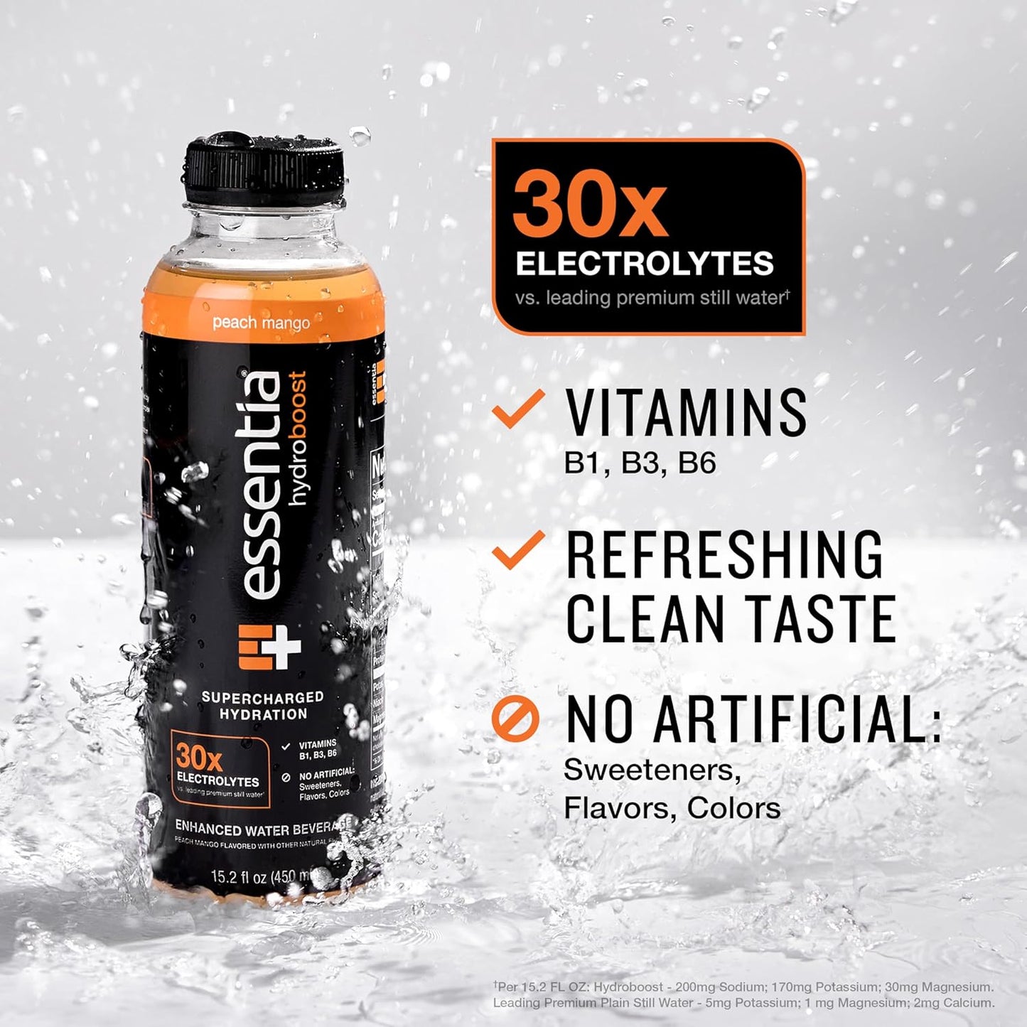 12 Pack of Essentia Hydroboost Peach Mango Enhanced Bottled Water - 15.2 fl. oz. (450 mL) - Hydrolyte Blend with B-Complex Vitamins and Electrolytes - Clean Taste & Supercharged Hydration
