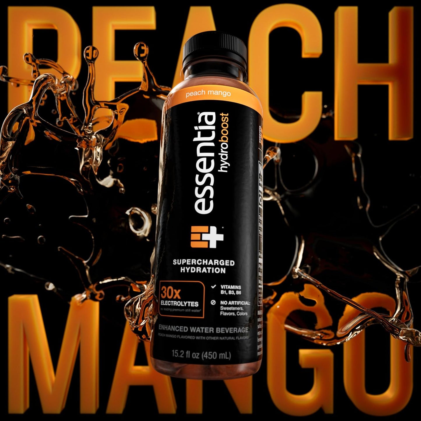 12 Pack of Essentia Hydroboost Peach Mango Enhanced Bottled Water - 15.2 fl. oz. (450 mL) - Hydrolyte Blend with B-Complex Vitamins and Electrolytes - Clean Taste & Supercharged Hydration
