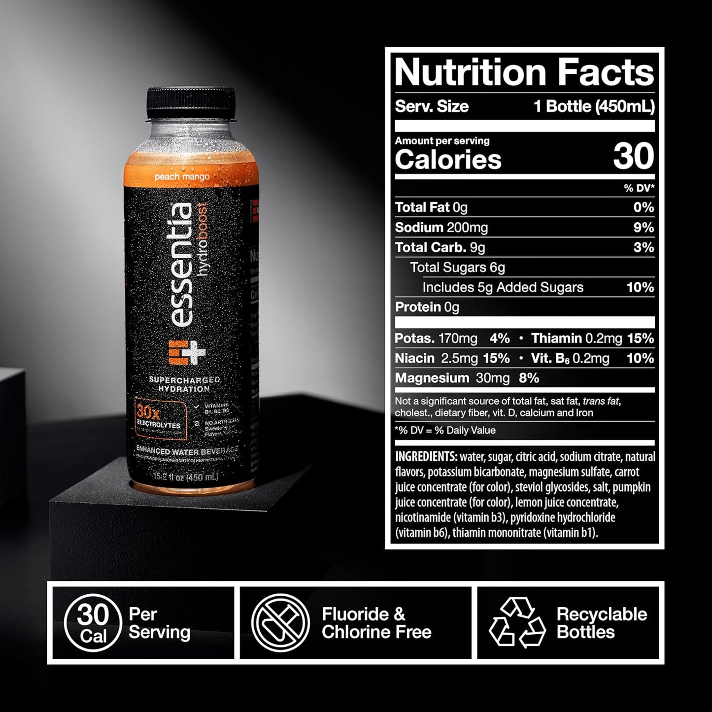 12 Pack of Essentia Hydroboost Peach Mango Enhanced Bottled Water - 15.2 fl. oz. (450 mL) - Hydrolyte Blend with B-Complex Vitamins and Electrolytes - Clean Taste & Supercharged Hydration