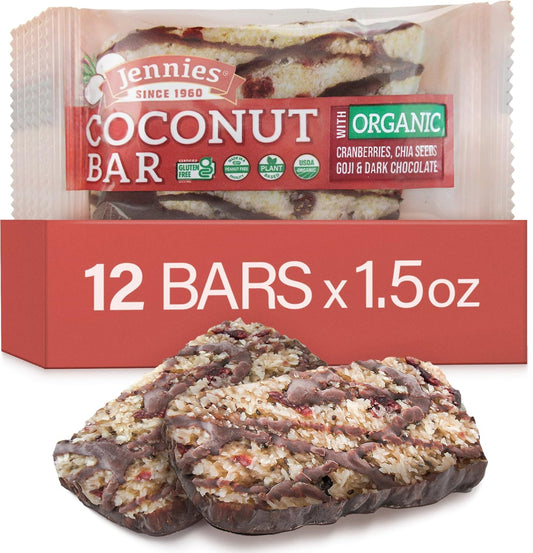 12-Pack of Jennies Raw Organic Goji Moji Coconut Bars, 1.5oz Each - Peanut Free & Gluten Free Snack