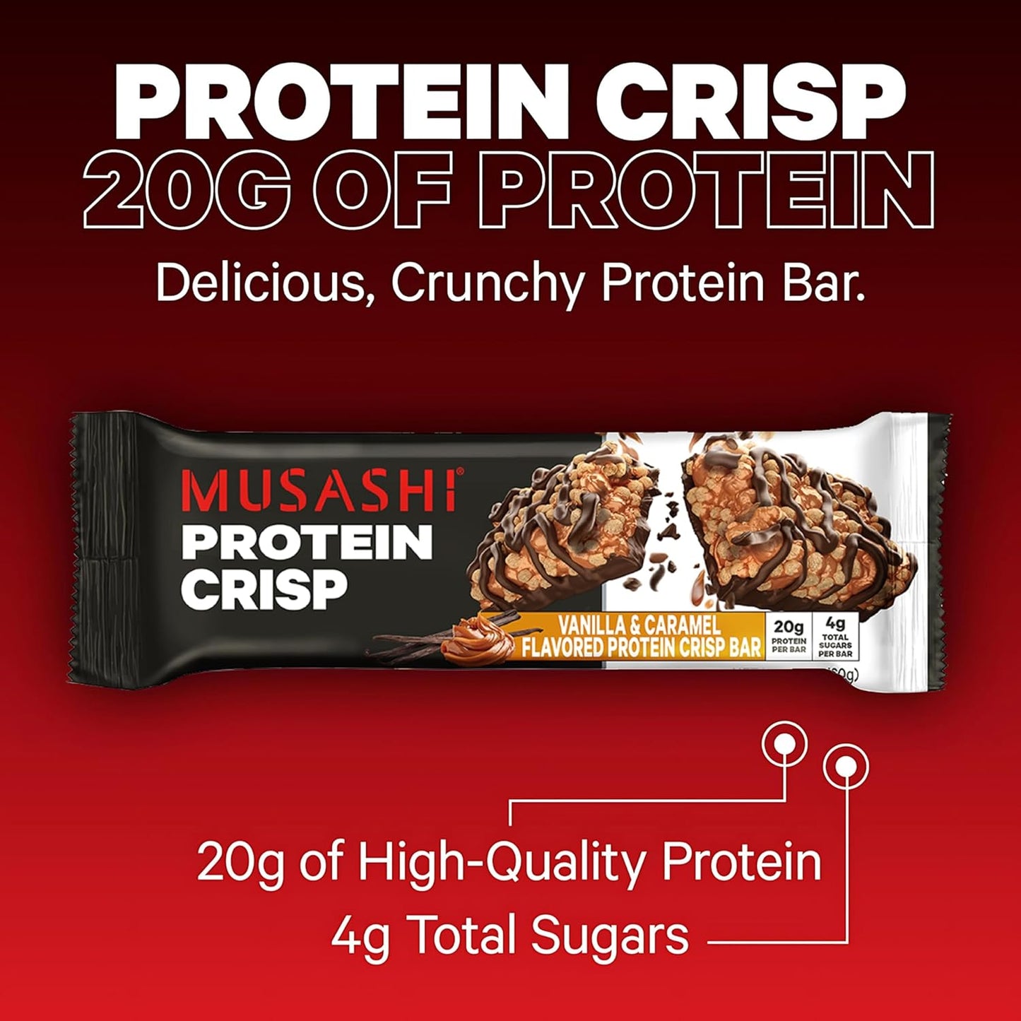 12 Pack of MUSASHI Vanilla & Caramel Protein Crisp Bars - 20g Protein, 4g Sugars, Post Workout Snack