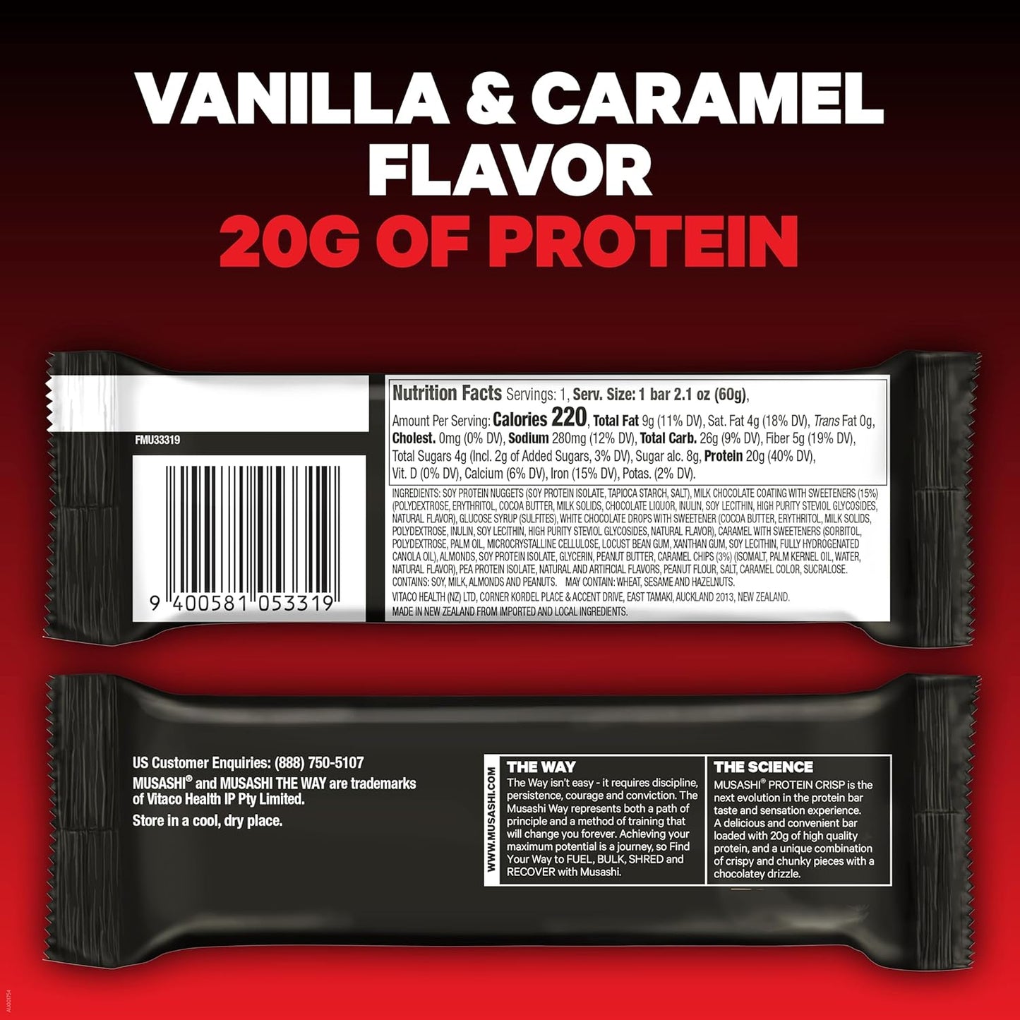 12 Pack of MUSASHI Vanilla & Caramel Protein Crisp Bars - 20g Protein, 4g Sugars, Post Workout Snack