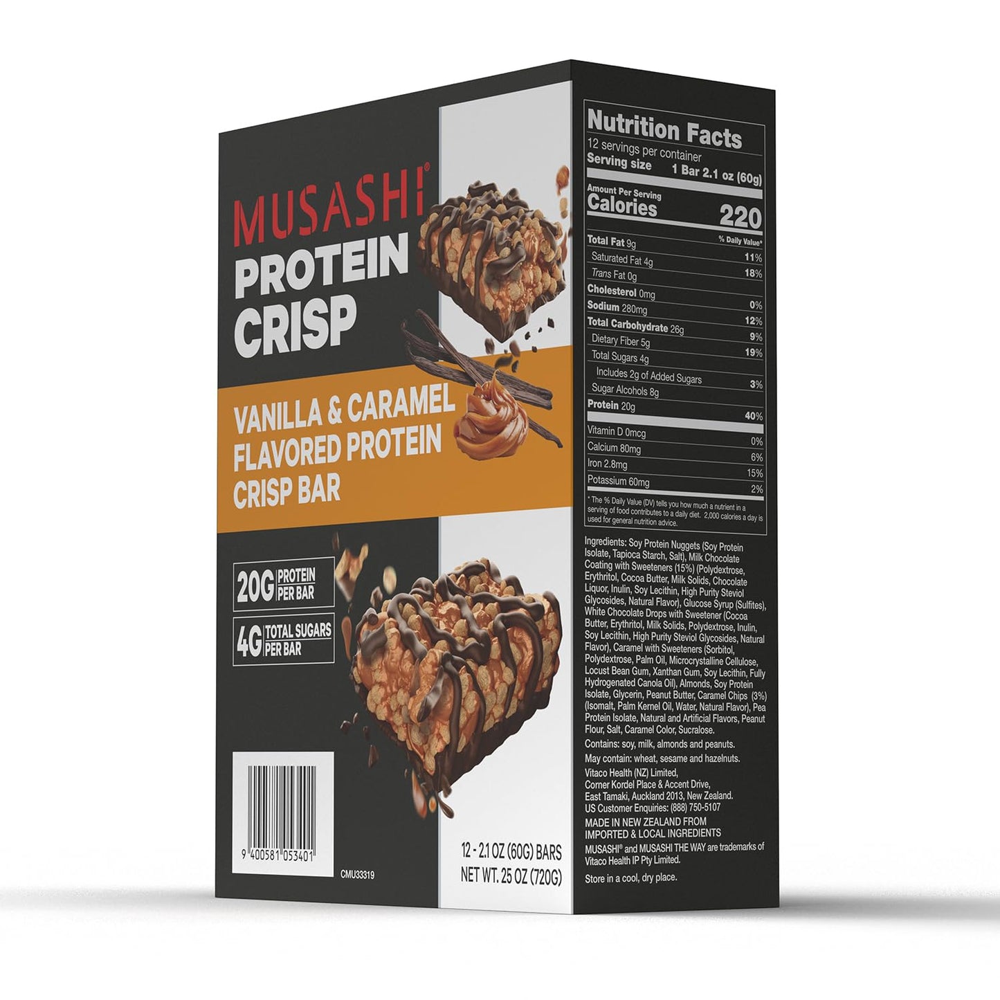 12 Pack of MUSASHI Vanilla & Caramel Protein Crisp Bars - 20g Protein, 4g Sugars, Post Workout Snack