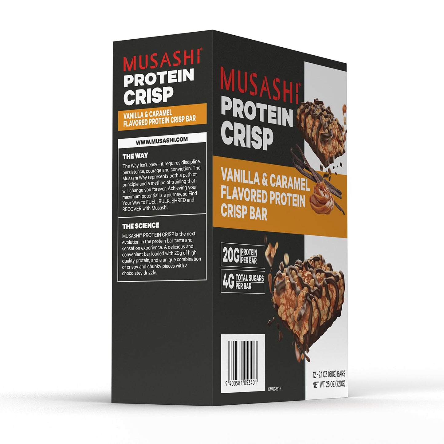 12 Pack of MUSASHI Vanilla & Caramel Protein Crisp Bars - 20g Protein, 4g Sugars, Post Workout Snack