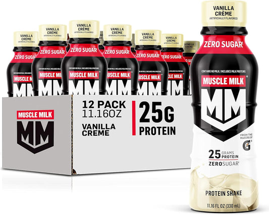 12 Pack of Muscle Milk Genuine Protein Shake, Vanilla Creme Flavor, 25g Protein, Zero Sugar, Calcium, Vitamins, 5g Fiber, Energizing Snack for Workout Recovery