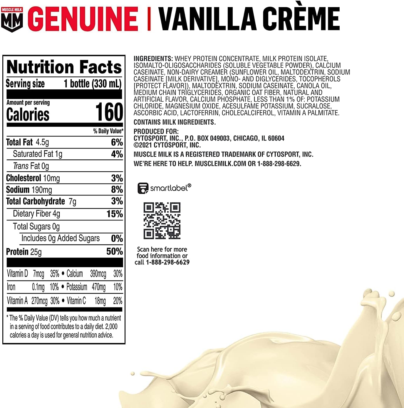 12 Pack of Muscle Milk Genuine Protein Shake, Vanilla Creme Flavor, 25g Protein, Zero Sugar, Calcium, Vitamins, 5g Fiber, Energizing Snack for Workout Recovery