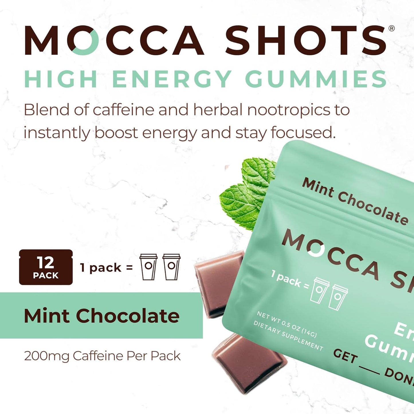 12-Pack of SGC Seattle Gummy Company Mint Chocolate Mocca Energy Gummies - Vegan, Nootropic, Plant-Based, Gluten Free - 200mg Caffeine