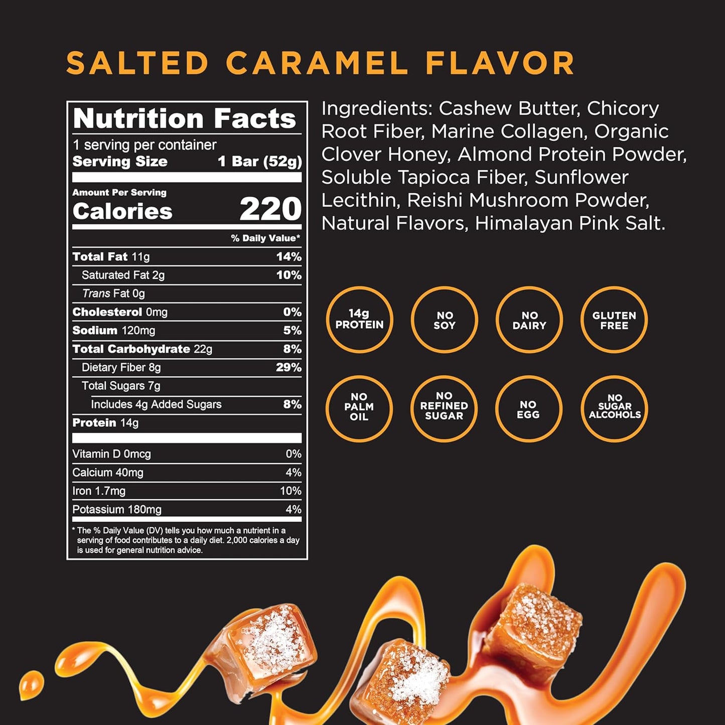 12 Pack Salted Caramel Marine Collagen Protein Bar with Reishi Mushroom - Adaptogenic Snack for Energy and Immune Support - Dairy Free Functional Health Bar