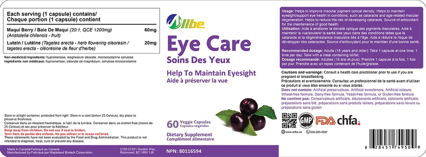 12 Packs of Allbe Eye Care Capsules - Lutein 20mg and Maqui Berry 60mg Servings - Adult Eye Health Supplements