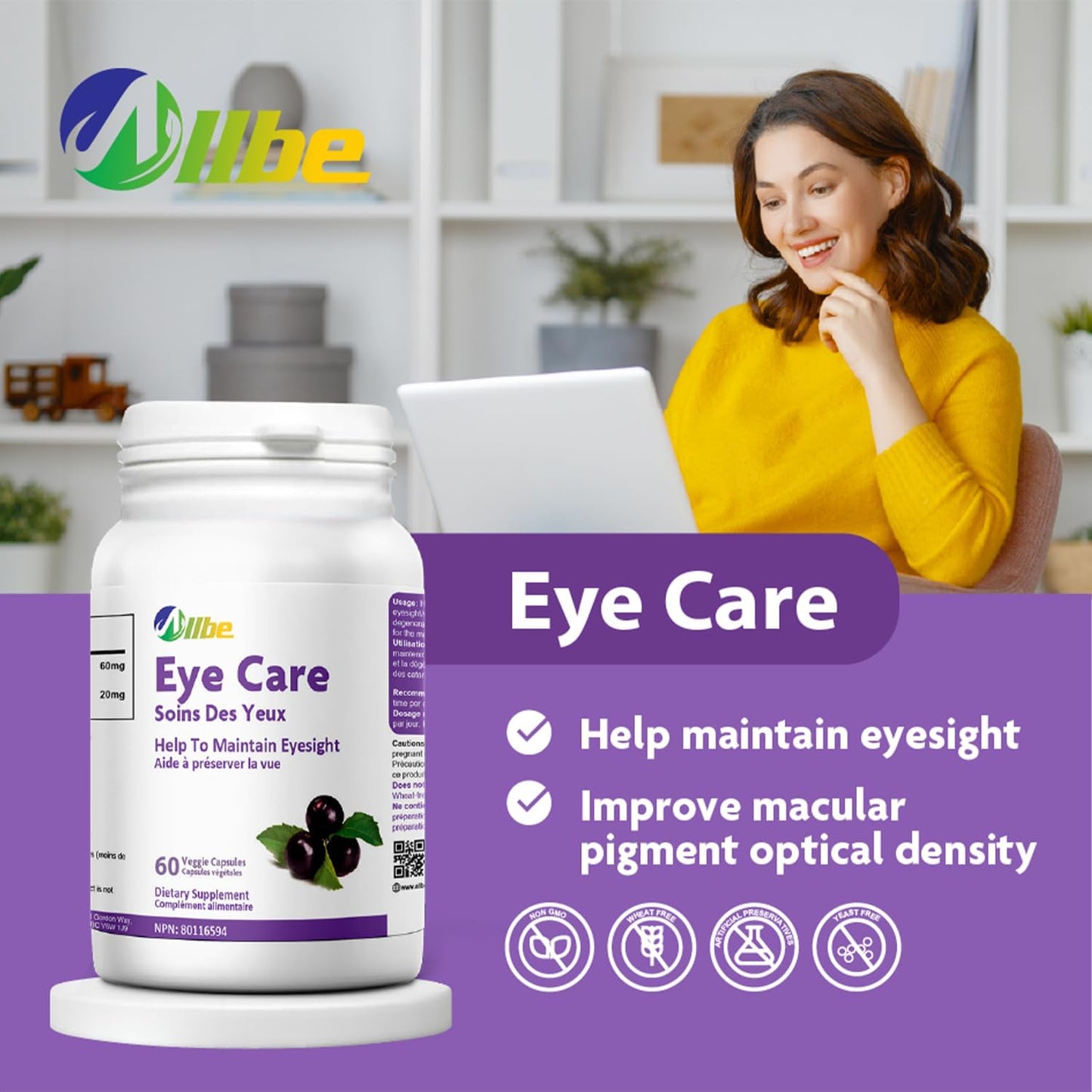 12 Packs of Allbe Eye Care Capsules - Lutein 20mg and Maqui Berry 60mg Servings - Adult Eye Health Supplements