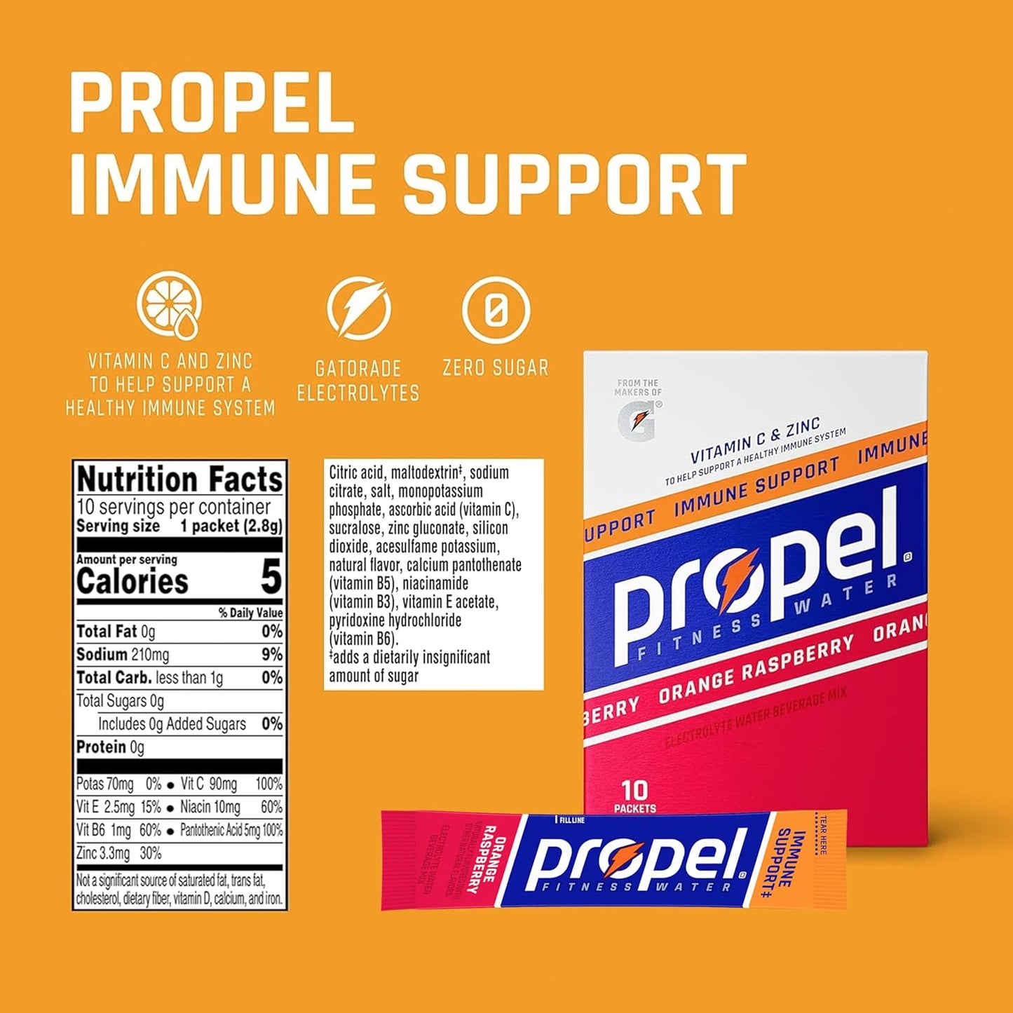 12 Packs of Propel Immune Support Powder Packets - Orange Raspberry Flavor - 10 Count Each - Vitamin C + Zinc Boost