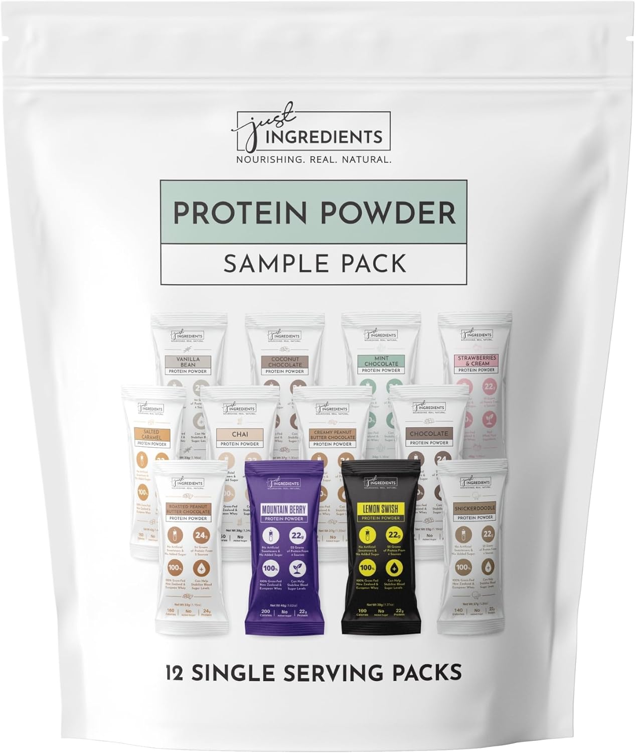 12 Servings JUST Ingredients Variety Pack Protein Powder | Grass-Fed Whey | Non-GMO, Gluten-Free, No Artificial Flavors