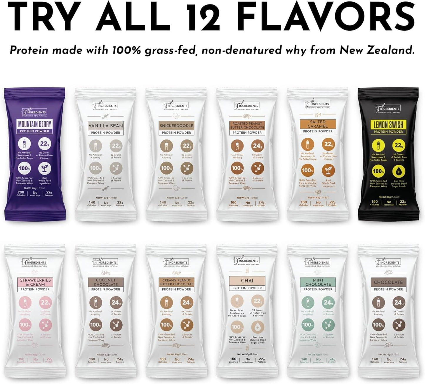 12 Servings JUST Ingredients Variety Pack Protein Powder | Grass-Fed Whey | Non-GMO, Gluten-Free, No Artificial Flavors