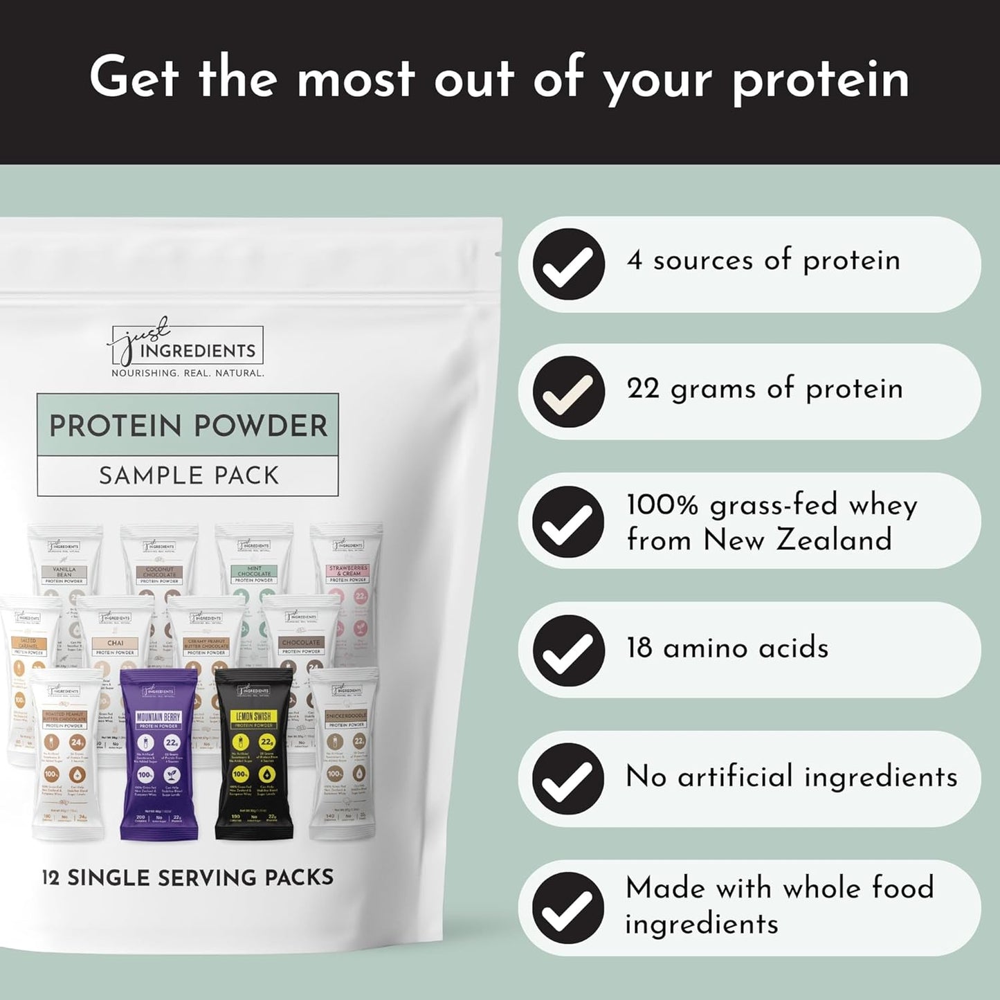 12 Servings JUST Ingredients Variety Pack Protein Powder | Grass-Fed Whey | Non-GMO, Gluten-Free, No Artificial Flavors