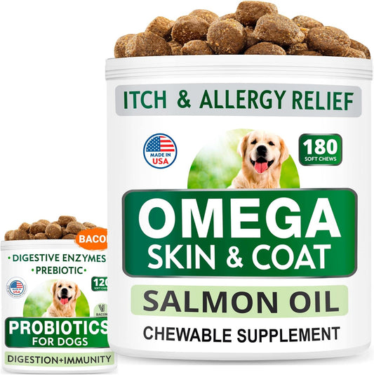 120 + 180 Chews Bundle: Omega 3 & Probiotics for Dogs - Itch & Upset Stomach Relief - EPA & DHA Fatty Acids + Enzymes + Prebiotics - Joint Health & Digestion - Made in USA