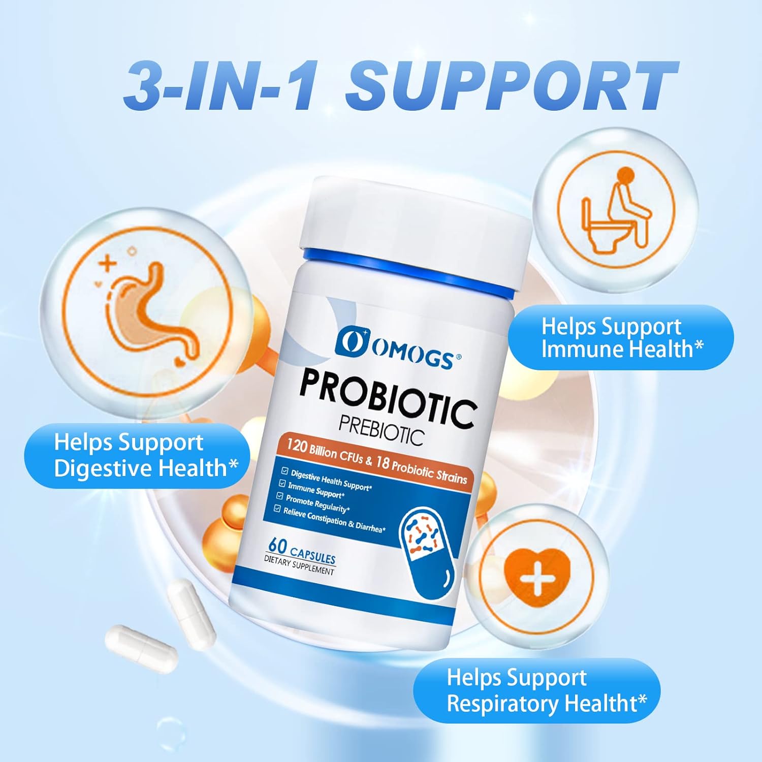 120 Billion CFU Probiotic Supplement with 18 Strains, Prebiotics, and Enzymes for Digestive and Immune Health - 60 Capsules