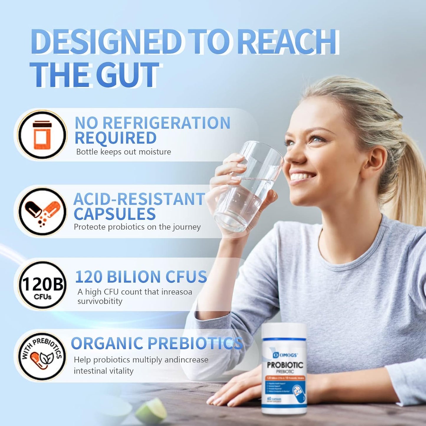 120 Billion CFU Probiotic Supplement with 18 Strains, Prebiotics, and Enzymes for Digestive and Immune Health - 60 Capsules