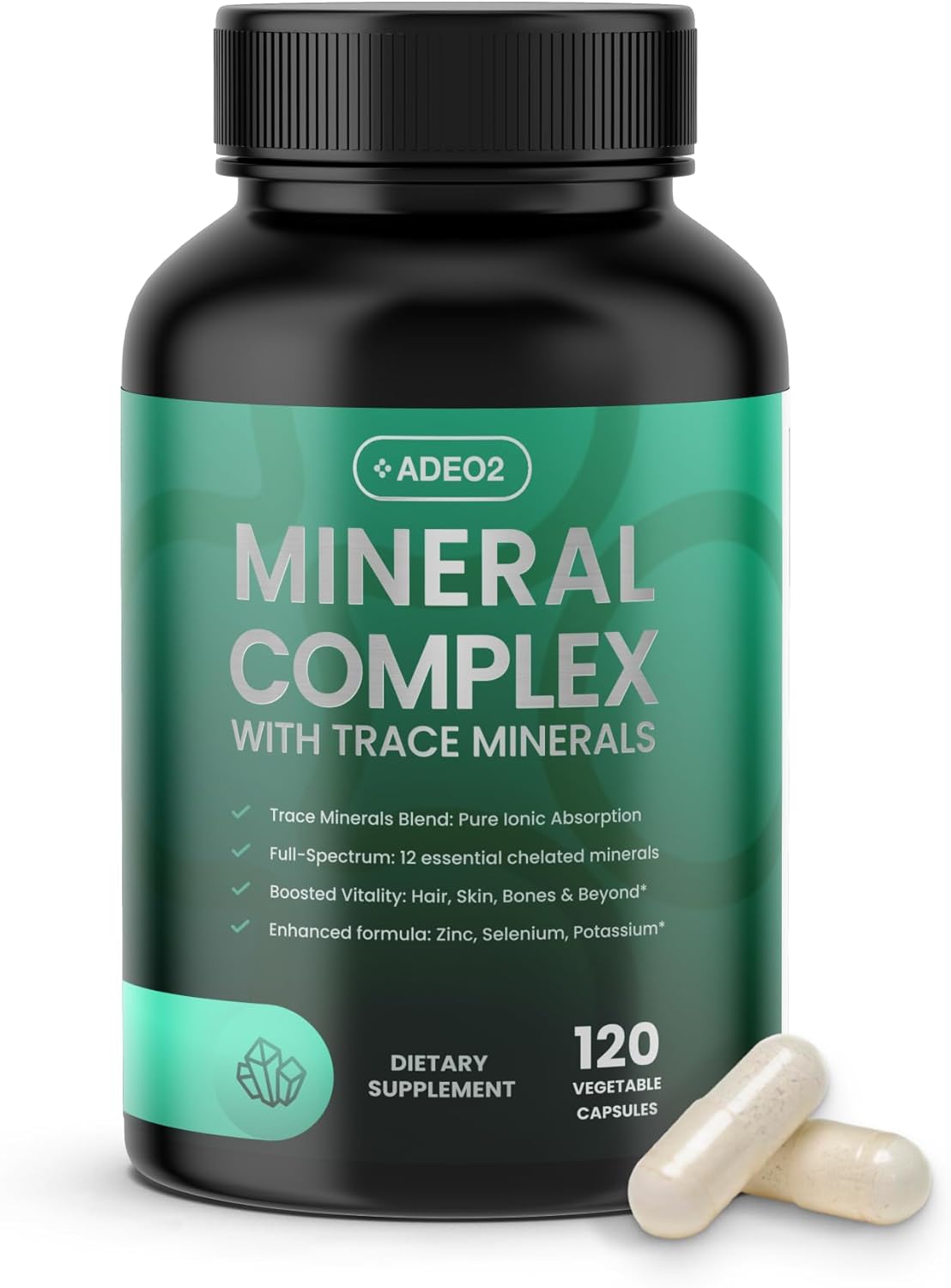 120 Capsules ADEO2 Premium Trace Minerals Complex with Essential Chelated Minerals - All Natural & Organic - Full Spectrum Ionic Blend for Men & Women