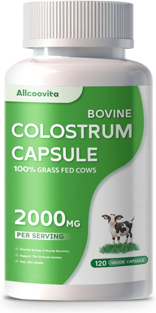 120 Capsules Allcoovita Bovine Colostrum Supplement 2000mg - Boost Gut Health, Muscle Recovery, Energy, Skin & Immune Support | High IgG Content for Humans | Gluten-Free Superfood