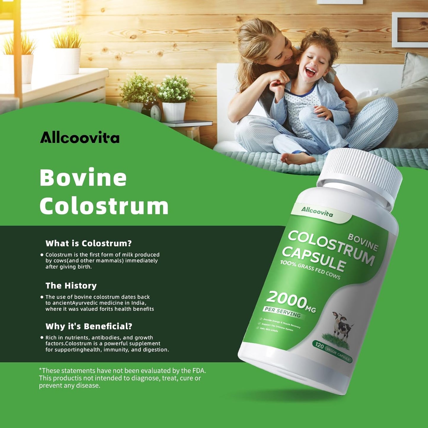 120 Capsules Allcoovita Bovine Colostrum Supplement 2000mg - Boost Gut Health, Muscle Recovery, Energy, Skin & Immune Support | High IgG Content for Humans | Gluten-Free Superfood