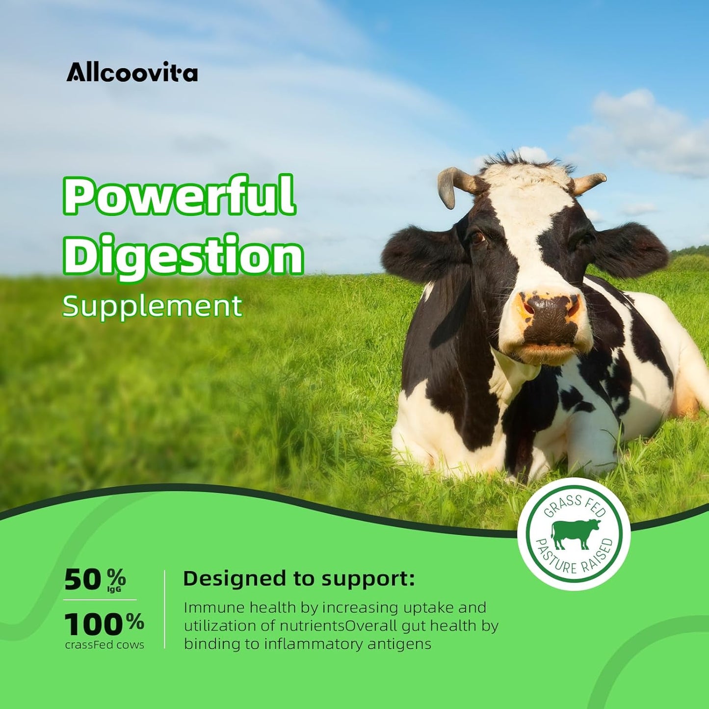 120 Capsules Allcoovita Bovine Colostrum Supplement 2000mg - Boost Gut Health, Muscle Recovery, Energy, Skin & Immune Support | High IgG Content for Humans | Gluten-Free Superfood
