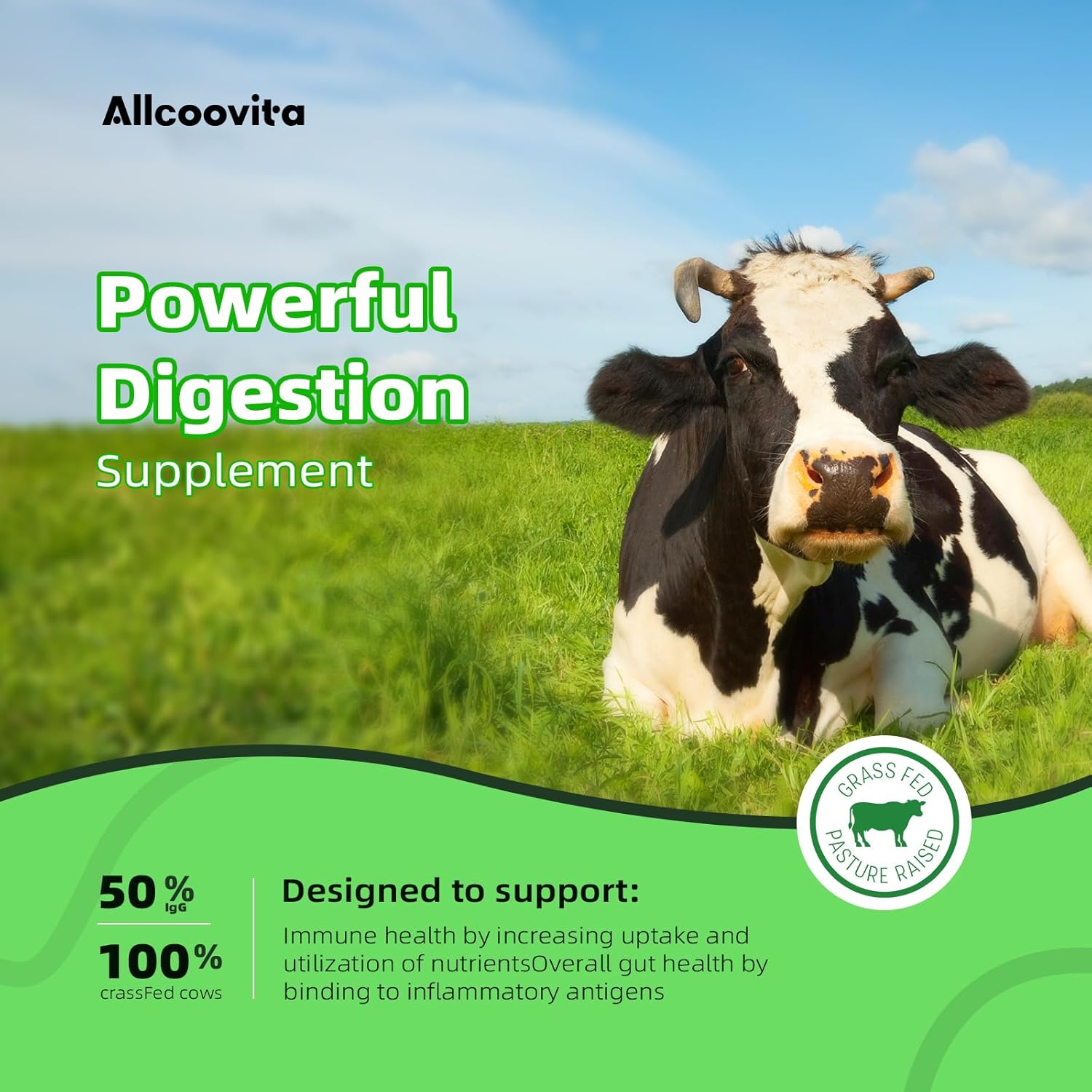 120 Capsules Allcoovita Bovine Colostrum Supplement 2000mg - Boost Gut Health, Muscle Recovery, Energy, Skin & Immune Support | High IgG Content for Humans | Gluten-Free Superfood