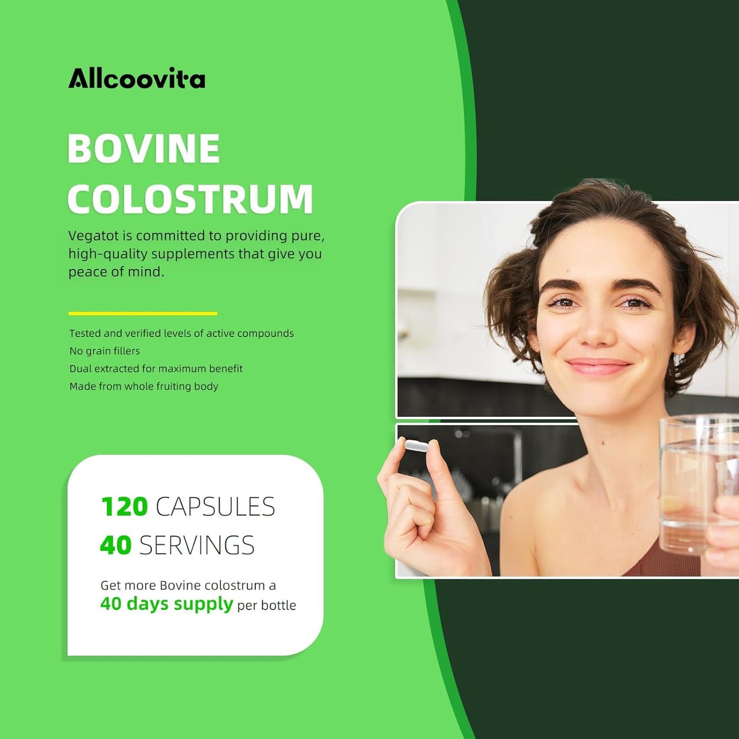 120 Capsules Allcoovita Bovine Colostrum Supplement 2000mg - Boost Gut Health, Muscle Recovery, Energy, Skin & Immune Support | High IgG Content for Humans | Gluten-Free Superfood