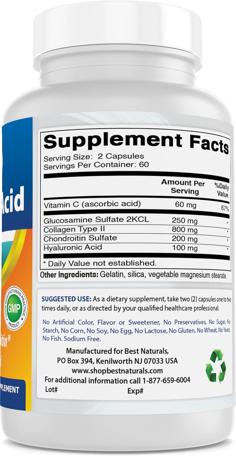 120 Capsules Best Naturals Hyaluronic Acid 100 mg - Promotes Healthy Joints & Skin Youthfulness