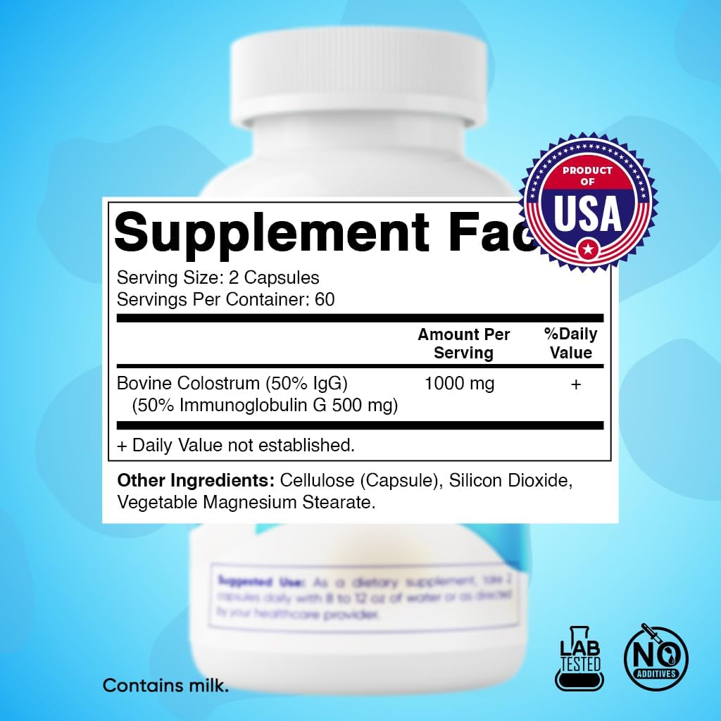 120 Capsules Bovine Colostrum Supplement 1000mg - Rich in IgG for Immune Support, Gut Health, Hair Growth, Beauty, and Muscle Recovery