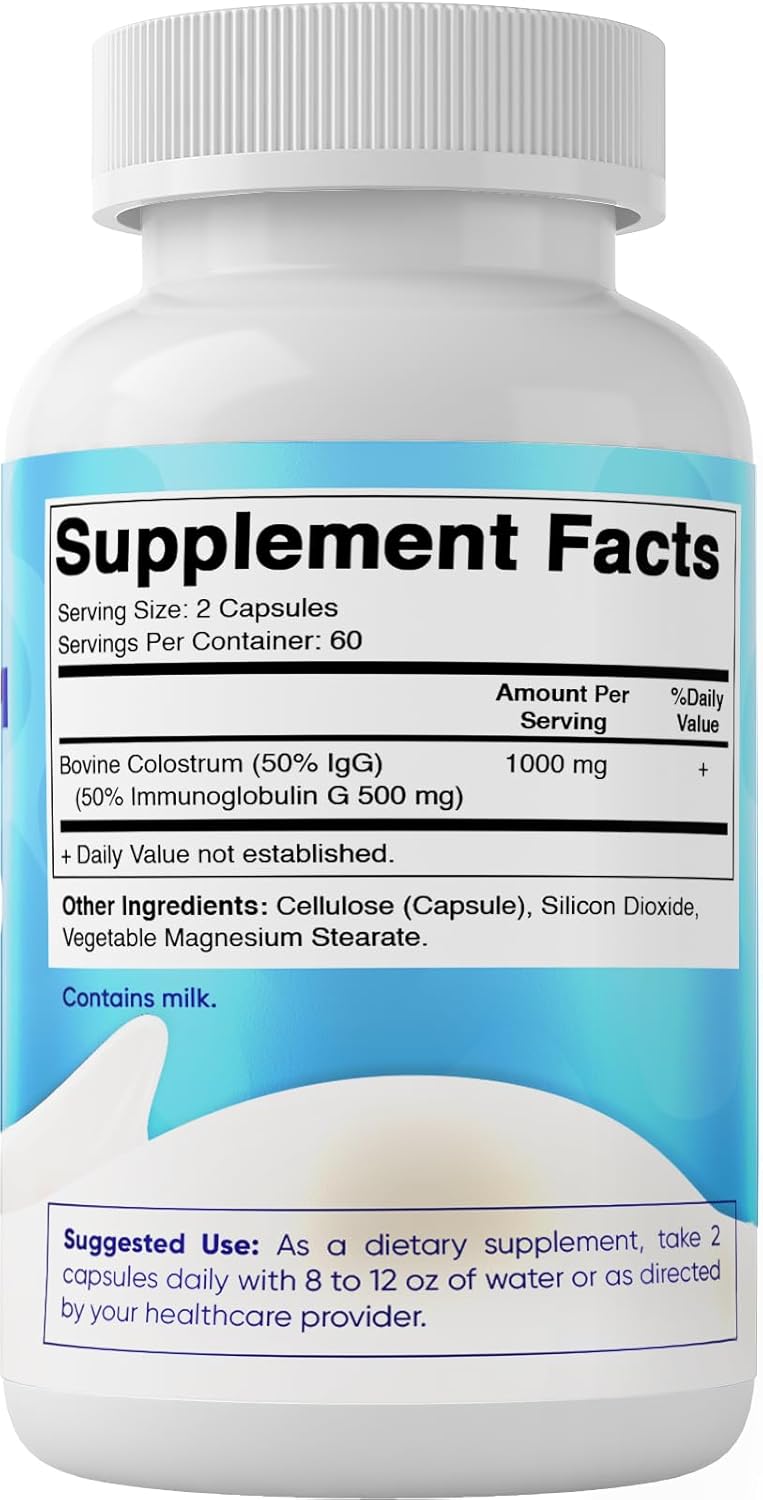 120 Capsules Bovine Colostrum Supplement 1000mg - Rich in IgG for Immune Support, Gut Health, Hair Growth, Beauty, and Muscle Recovery