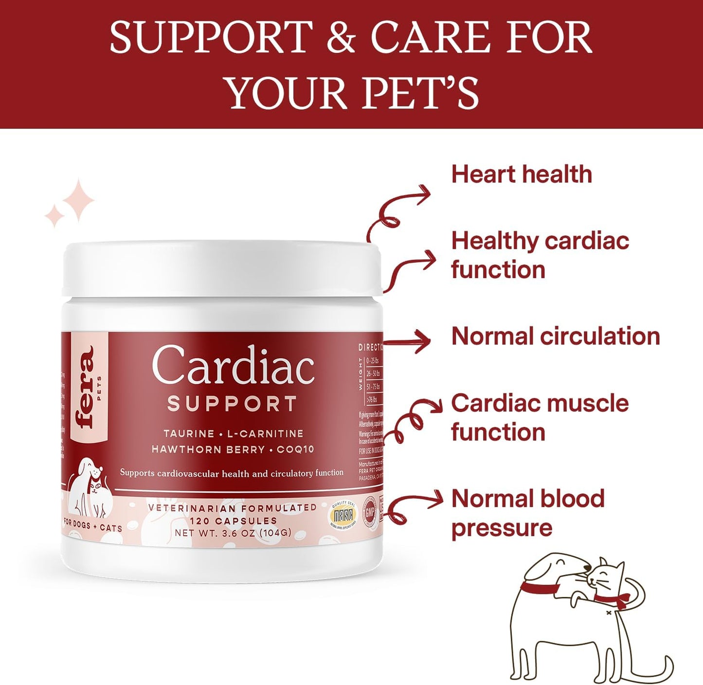 120 Capsules Fera Pet Organics Fera Pets Cardiac Supplement for Dogs & Cats - Vet Formulated for Cardiovascular Health with Taurine, CoQ10, and Hawthorne Berry