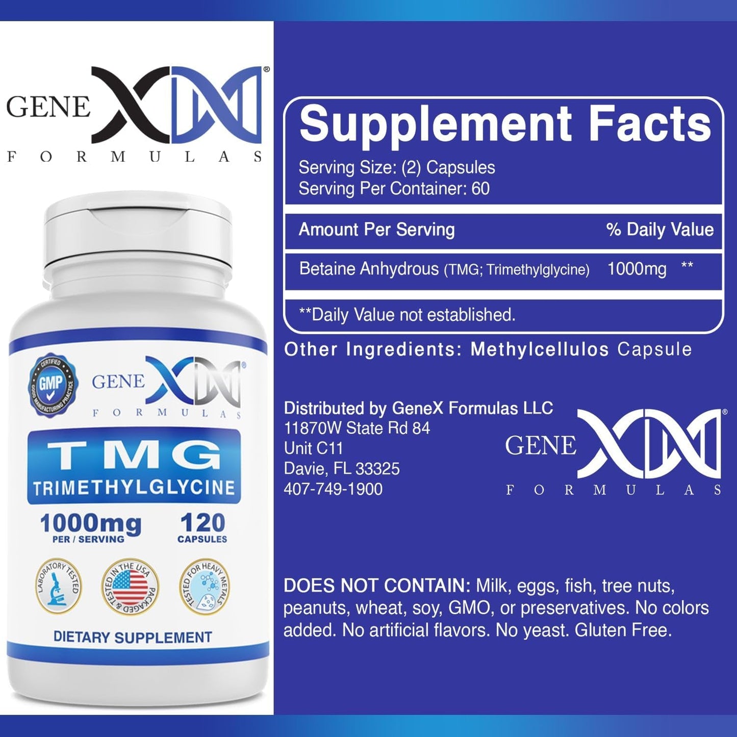 120 Capsules Genex Formulas 1000mg TMG Liver Supplement - Betaine Anhydrous Trimethylglycine for Healthy Homocysteine - Gluten Free & Non-GMO - 30-Day Supply