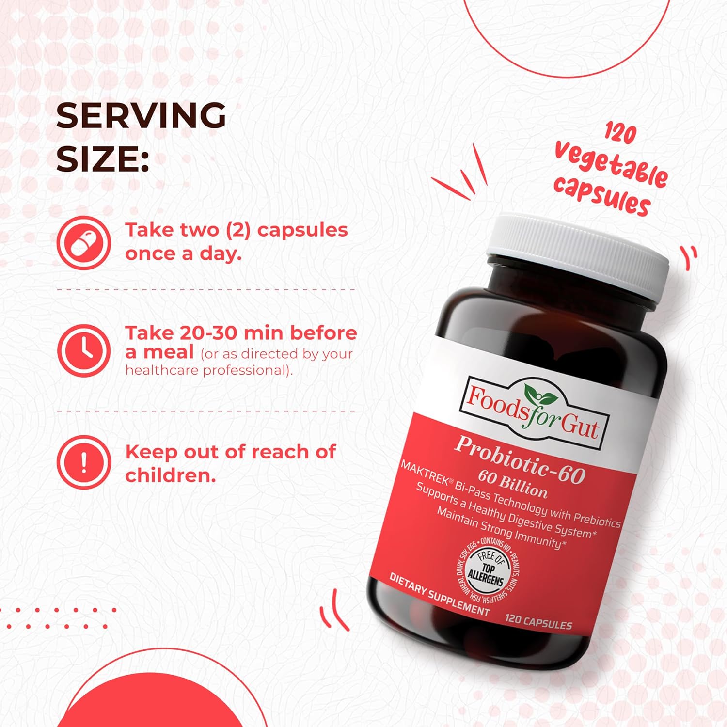 120 Capsules Gut Probiotic Capsules with 60 Billion CFU's, MAKTrek Bipass Technology for Digestive & Immune Support