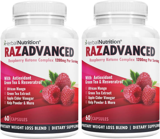 120 Capsules Herbal Nutrition Raspberry Ketones Complex Bundle - 2400mg Per Serving, Includes African Mango, Apple Cider Vinegar, Green Tea, Resveratrol, Acai Fruit, Kelp, and Grapefruit - Diet & Weight Management Supplement Pack