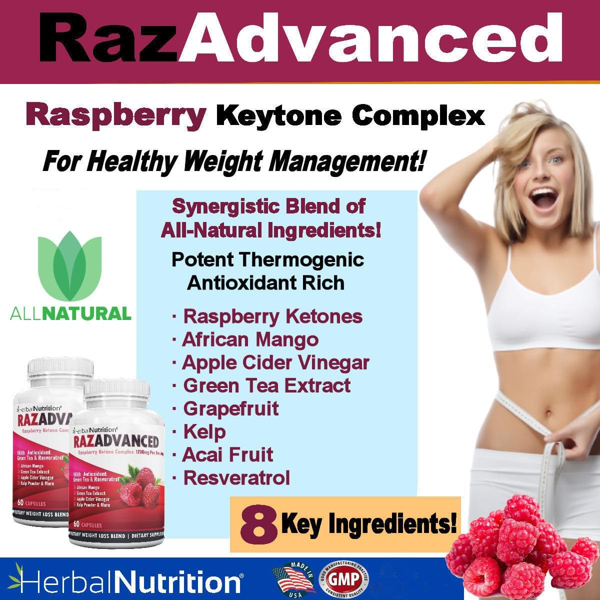 120 Capsules Herbal Nutrition Raspberry Ketones Complex Bundle - 2400mg Per Serving, Includes African Mango, Apple Cider Vinegar, Green Tea, Resveratrol, Acai Fruit, Kelp, and Grapefruit - Diet & Weight Management Supplement Pack