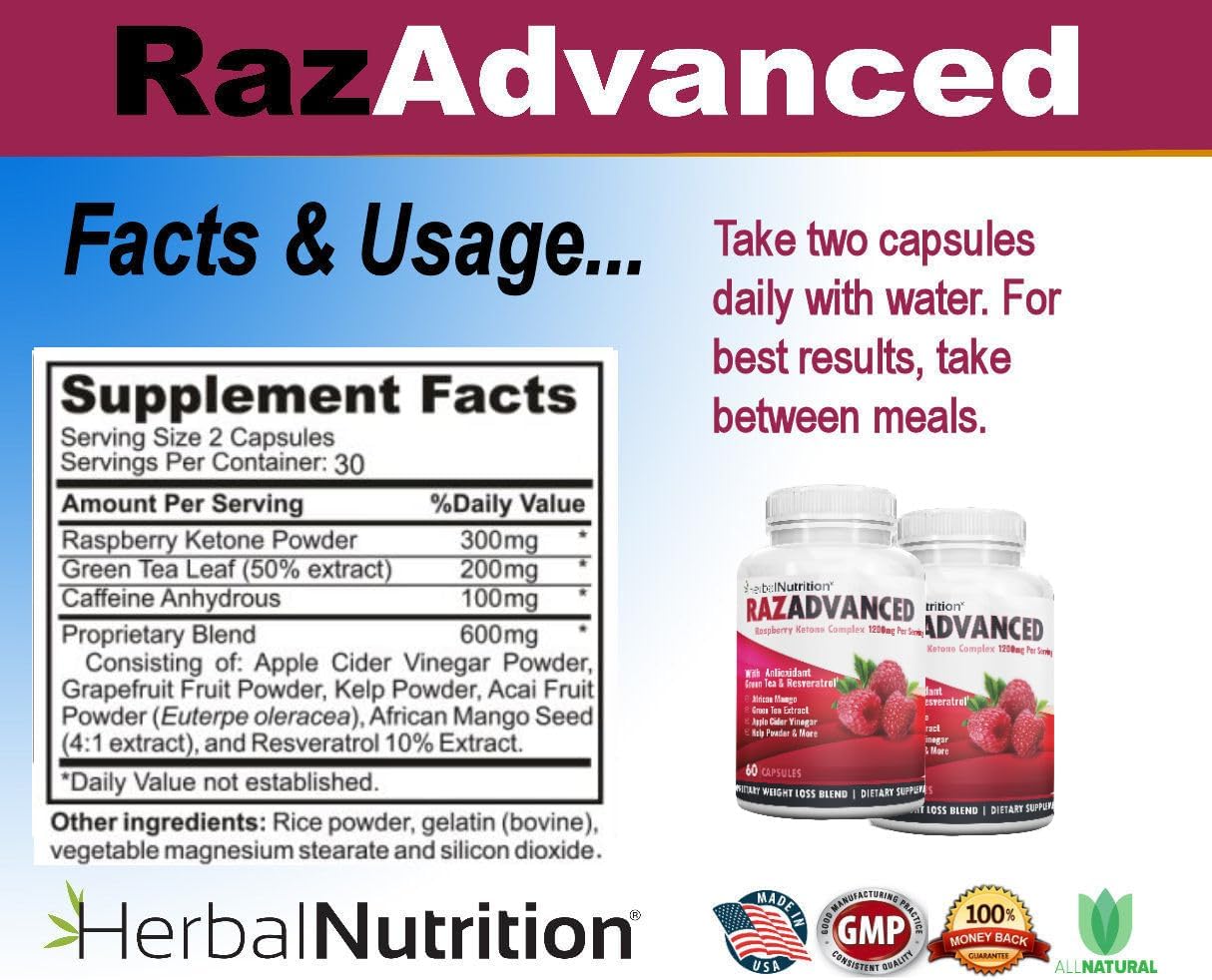 120 Capsules Herbal Nutrition Raspberry Ketones Complex Bundle - 2400mg Per Serving, Includes African Mango, Apple Cider Vinegar, Green Tea, Resveratrol, Acai Fruit, Kelp, and Grapefruit - Diet & Weight Management Supplement Pack