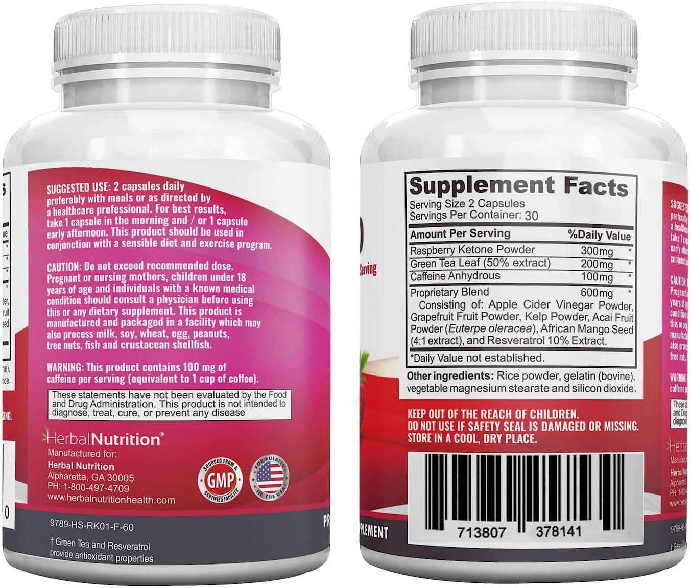 120 Capsules Herbal Nutrition Raspberry Ketones Complex Bundle - 2400mg Per Serving, Includes African Mango, Apple Cider Vinegar, Green Tea, Resveratrol, Acai Fruit, Kelp, and Grapefruit - Diet & Weight Management Supplement Pack
