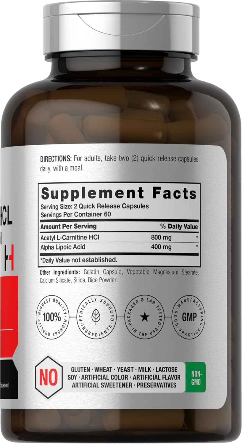120 Capsules Horbäach Acetyl L Carnitine HCL & Alpha Lipoic Acid 1200mg Complex - Non-GMO & Gluten Free
