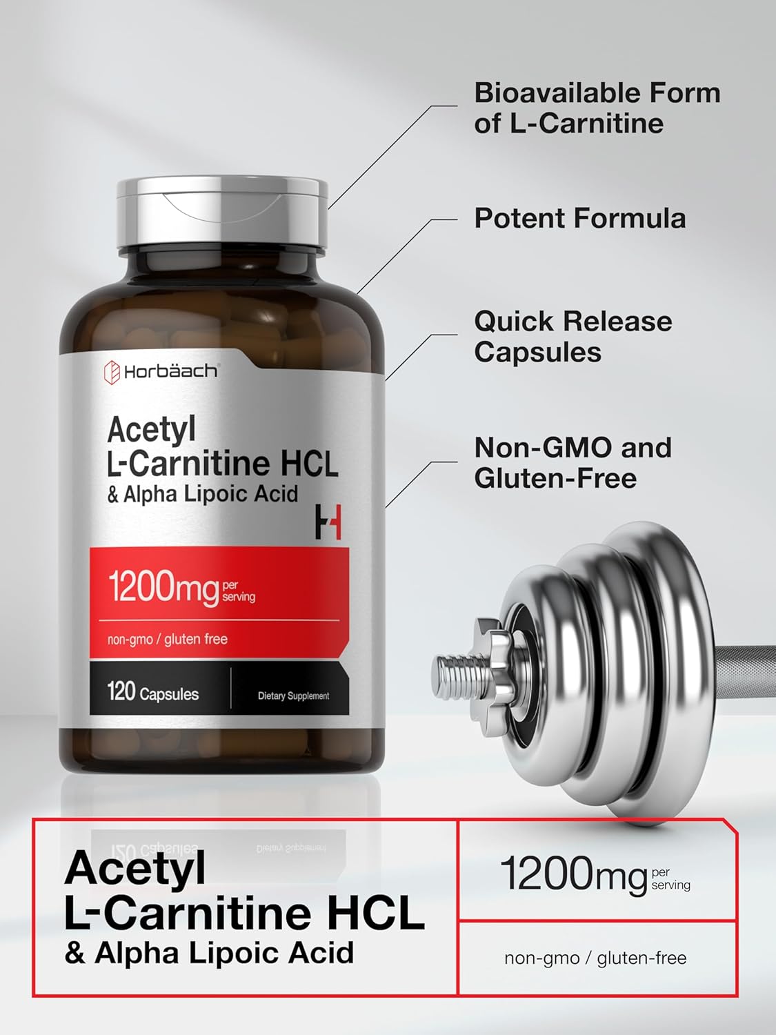 120 Capsules Horbäach Acetyl L Carnitine HCL & Alpha Lipoic Acid 1200mg Complex - Non-GMO & Gluten Free