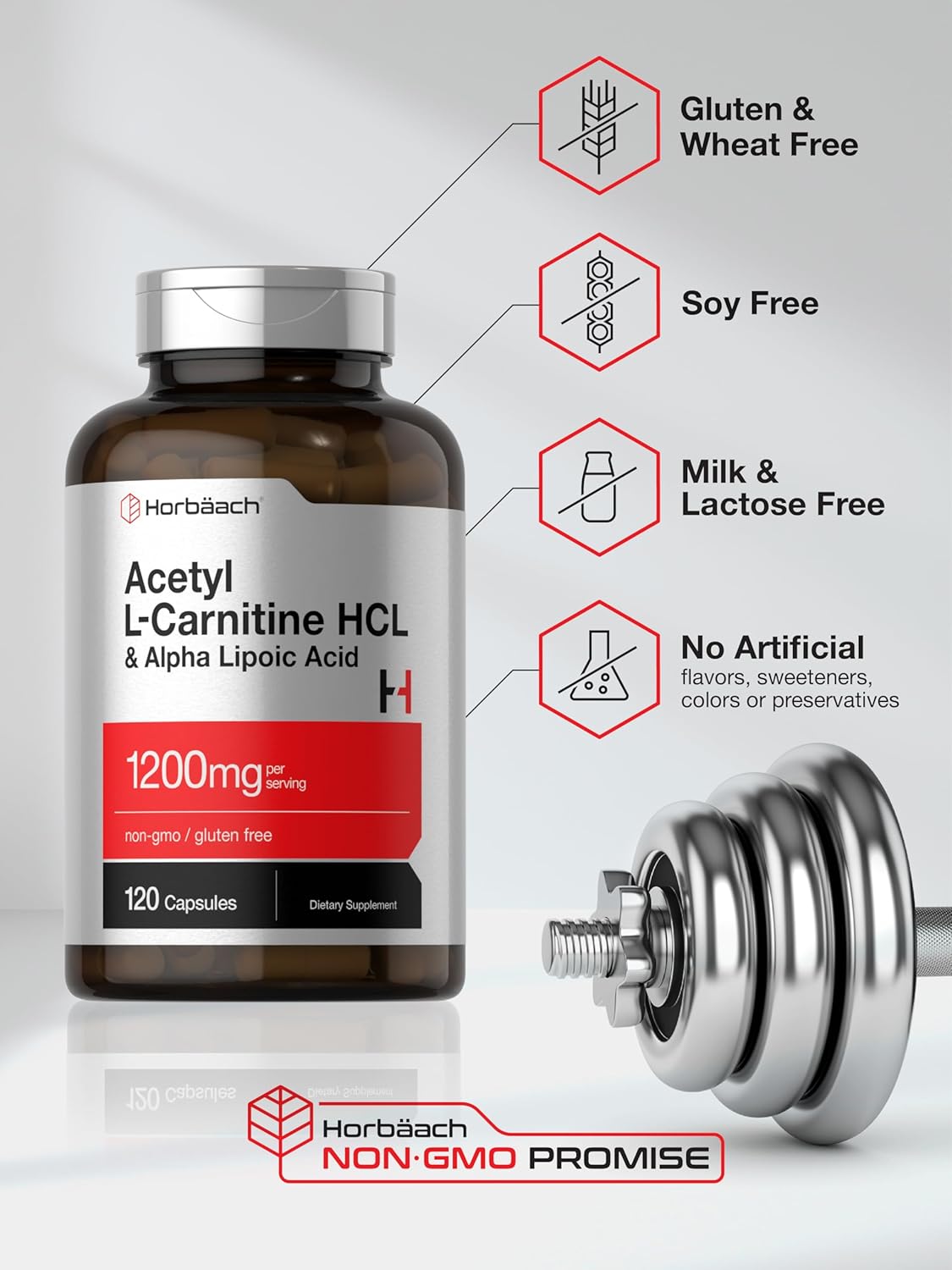 120 Capsules Horbäach Acetyl L Carnitine HCL & Alpha Lipoic Acid 1200mg Complex - Non-GMO & Gluten Free