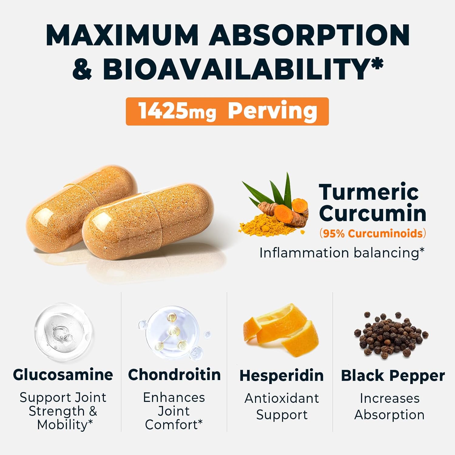 120 Capsules Joint Support Supplement with Turmeric Curcumin, Glucosamine, and Chondroitin - Pain Relief and Mobility Support