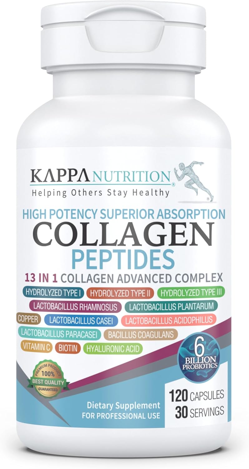 120 Capsules KAPPA NUTRITION with Collagen, Probiotics, Hyaluronic Acid, Vitamin C, Biotin & MCT Oil for Hair, Nails, and Skin Support