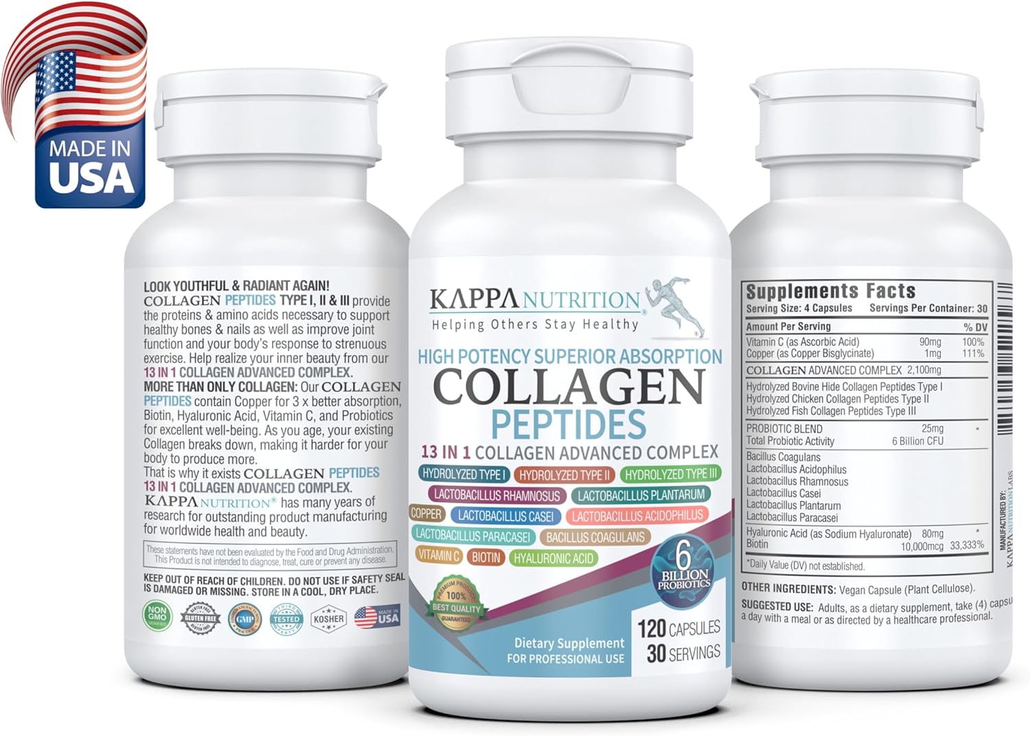 120 Capsules KAPPA NUTRITION with Collagen, Probiotics, Hyaluronic Acid, Vitamin C, Biotin & MCT Oil for Hair, Nails, and Skin Support