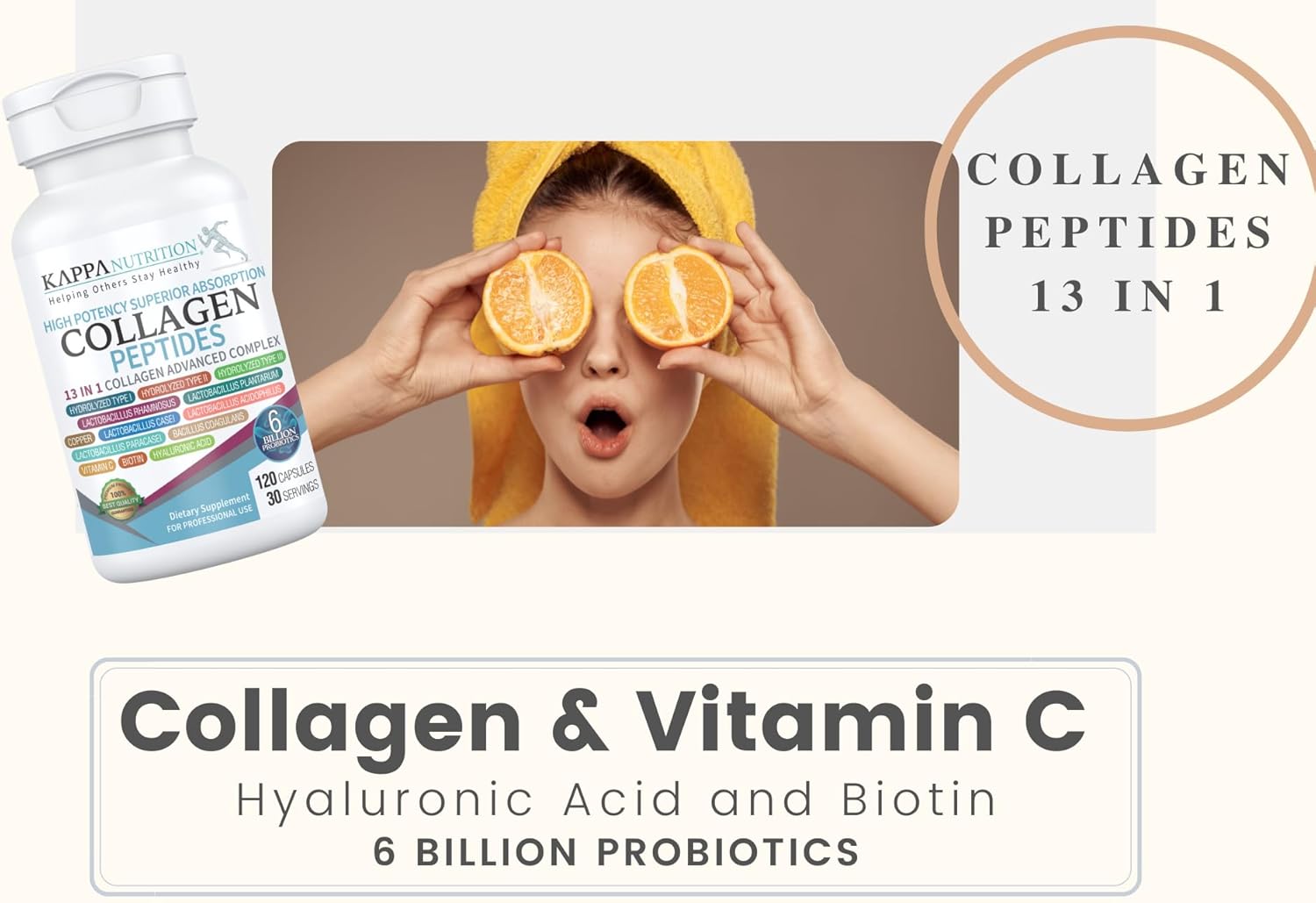 120 Capsules KAPPA NUTRITION with Collagen, Probiotics, Hyaluronic Acid, Vitamin C, Biotin & MCT Oil for Hair, Nails, and Skin Support