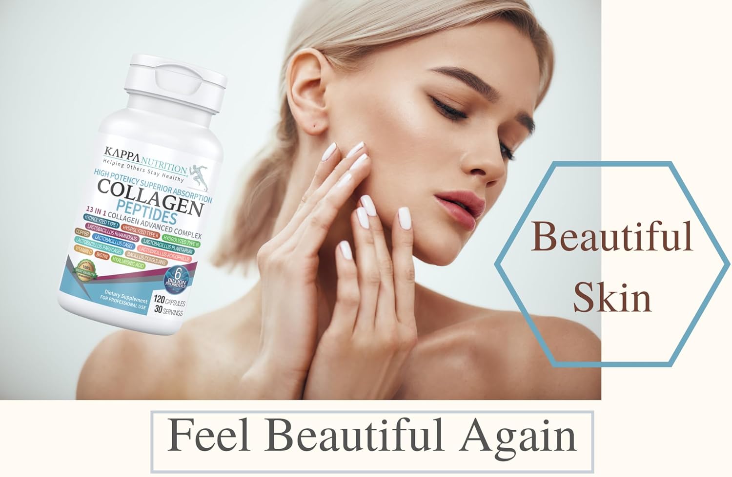 120 Capsules KAPPA NUTRITION with Collagen, Probiotics, Hyaluronic Acid, Vitamin C, Biotin & MCT Oil for Hair, Nails, and Skin Support