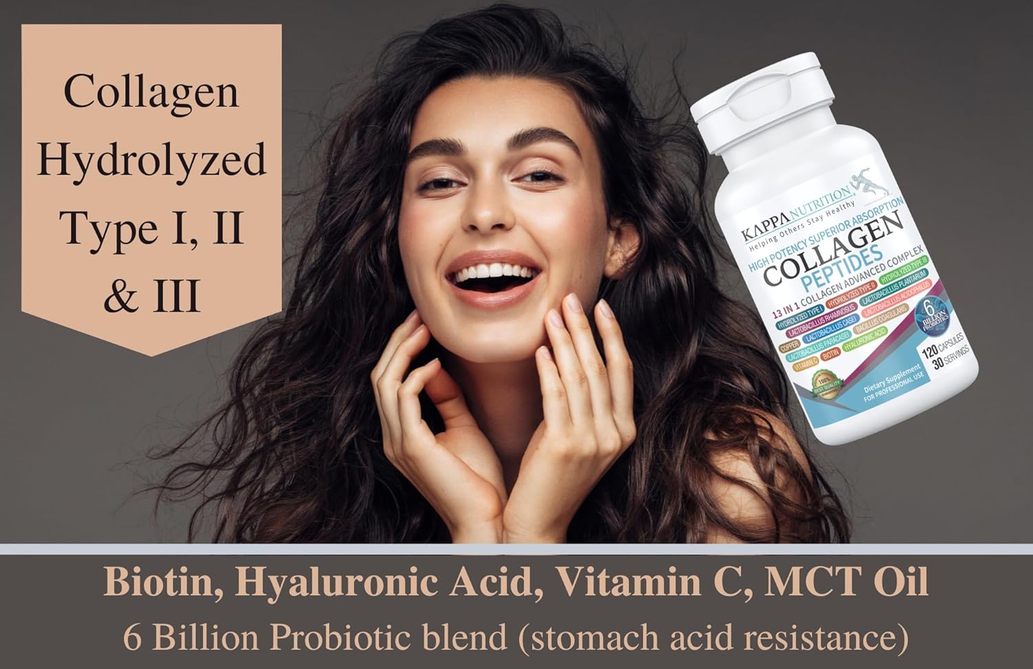 120 Capsules KAPPA NUTRITION with Collagen, Probiotics, Hyaluronic Acid, Vitamin C, Biotin & MCT Oil for Hair, Nails, and Skin Support