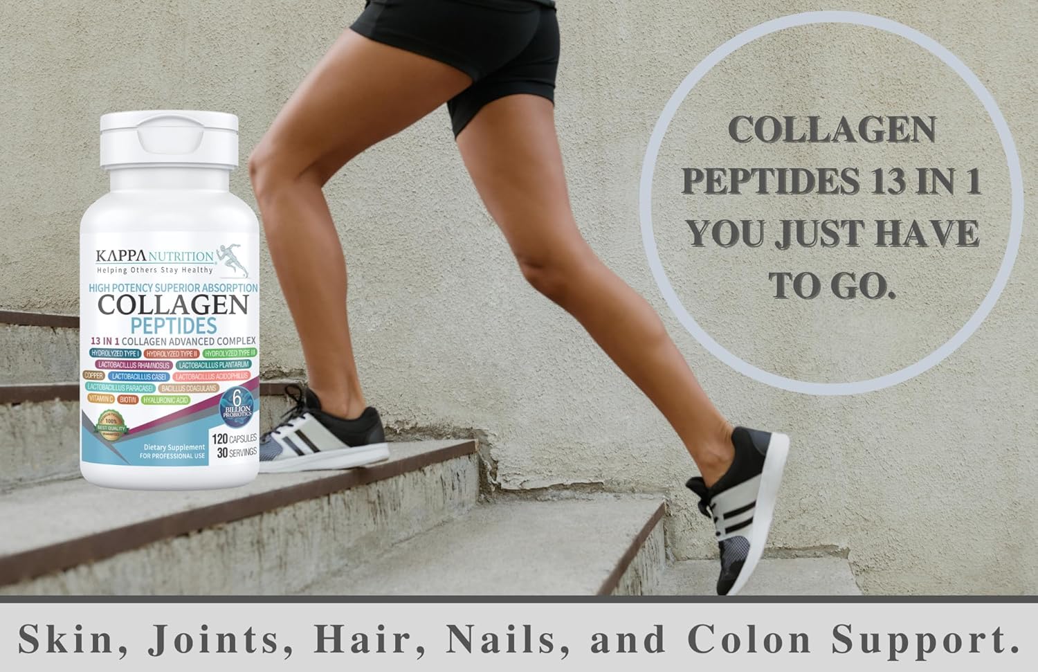 120 Capsules KAPPA NUTRITION with Collagen, Probiotics, Hyaluronic Acid, Vitamin C, Biotin & MCT Oil for Hair, Nails, and Skin Support