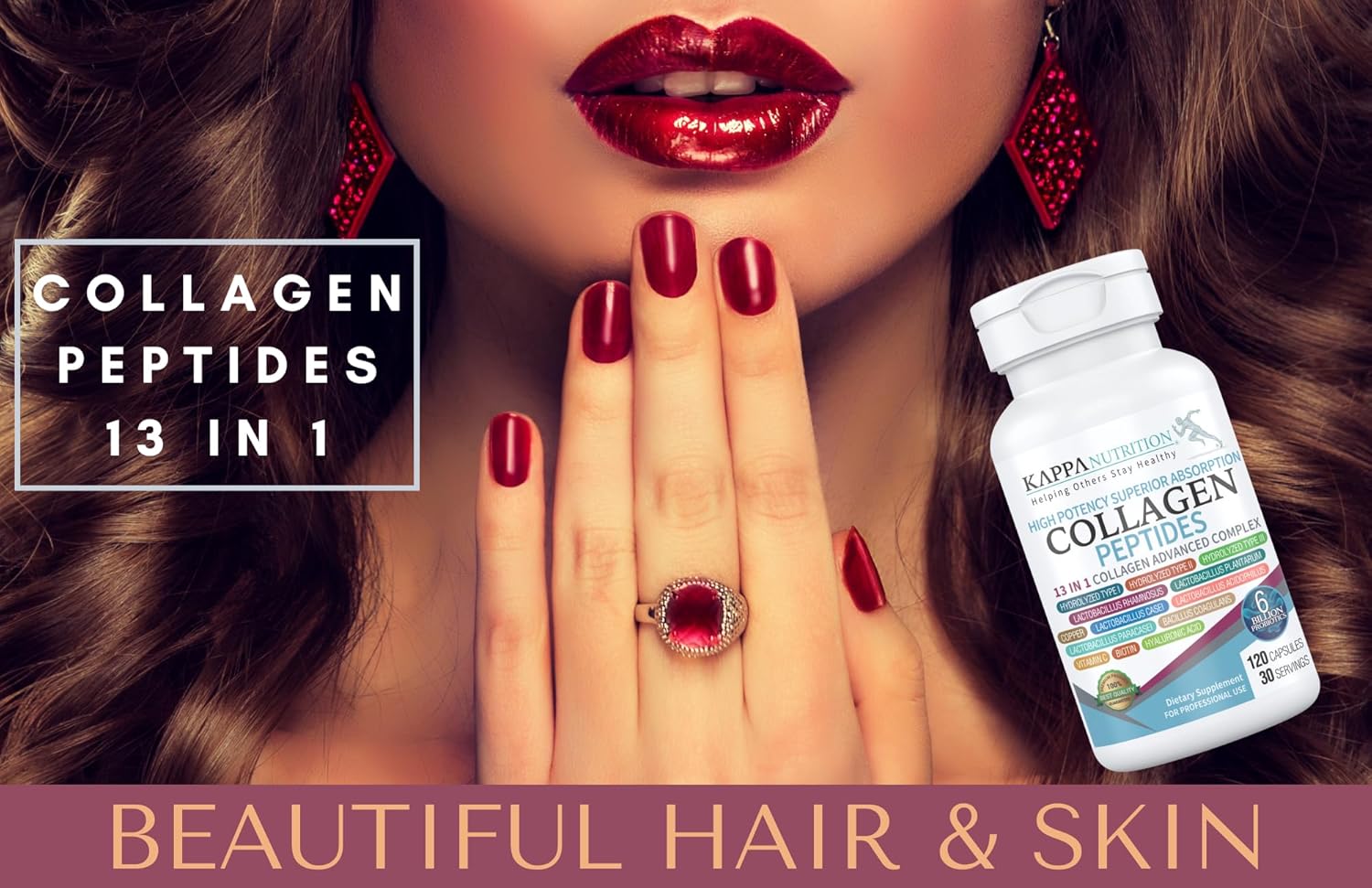 120 Capsules KAPPA NUTRITION with Collagen, Probiotics, Hyaluronic Acid, Vitamin C, Biotin & MCT Oil for Hair, Nails, and Skin Support